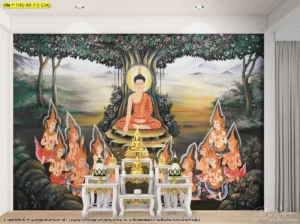 ภาพลิขสิทธิ์พระพุทธเจ้าแสดงธรรมพร้อมงานตกแต่งผนังสไตล์ไทยร่วมสมัย เหมาะกับห้องพระภายในบ้านพักอาศัย