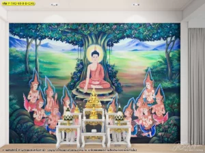 รูปติดผนังห้องพระลายพระพุทธเจ้าแสดงธรรม โทนสีสดพร้อมองค์ประกอบศิลปะไทยสำหรับงานตกแต่งภายใน