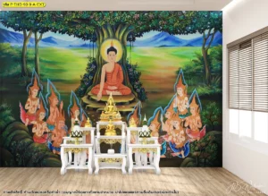 ภาพศิลปะไทยติดผนังห้องพระพร้อมงานพิมพ์ลายพุทธประวัติ เหมาะสำหรับบ้านสไตล์โมเดิร์นไทยร่วมสมัย