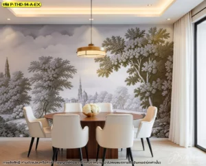 ภาพห้องอาหารผนังลายสวนยุโรปโทนเทา มีโต๊ะไม้และเก้าอี้สีขาว จัดบรรยากาศหรูเรียบสำหรับบ้านและคอนโด สำหรับตกแต่งภายในให้ดูมีเอกลักษณ์