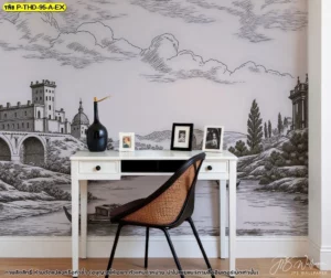 ภาพมุมทำงานตกแต่งด้วยลายเมืองเก่าและสะพานยุโรปแบบเส้นละเอียด วางโต๊ะขาวกับเก้าอี้หวายให้ดูอบอุ่น สำหรับตกแต่งภายในให้ดูมีเอกลักษณ์