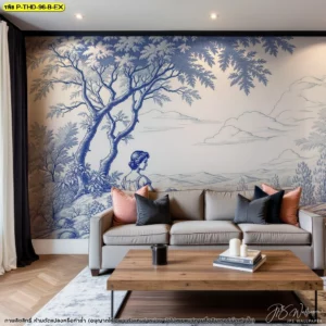ภาพโซฟาหน้าผนังลายต้นไม้ใหญ่และทิวเขาโทนน้ำเงิน จัดคู่หมอนสีพีชและเทาเพื่อเพิ่มมิติให้ห้องนั่งเล่น สำหรับตกแต่งภายในให้ดูมีเอกลักษณ์