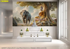 ภาพพิมพ์ลิขสิทธิ์ลายพระพุทธเจ้าใต้ต้นโพธิ์พร้อมช้างและดอกบัว สำหรับตกแต่งผนังห้องพระสไตล์ไทยร่วมสมัย