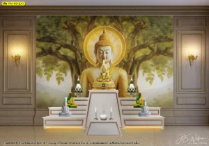 ภาพศิลปะไทยตกแต่งห้องพระ ลายพระพุทธเจ้าใต้ต้นโพธิ์ โทนสีทองเข้ากับผนังไม้และงานบิวต์อิน