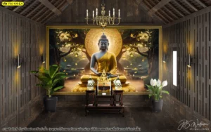 ภาพพิมพ์พระพุทธเจ้าใต้ต้นโพธิ์สำหรับห้องพระไม้ไทยร่วมสมัย ใช้ตกแต่งผนังภายในให้ดูมีมิติ