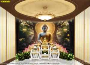ภาพลิขสิทธิ์ลายพระพุทธเจ้าพร้อมดอกบัวและฉากต้นโพธิ์ เหมาะสำหรับตกแต่งห้องพระสไตล์โมเดิร์นไทย