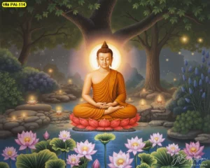 วอลเปเปอร์พระพุทธเจ้าใต้ต้นโพธิ์ลายดอกบัวศิลปะไทย สำหรับตกแต่งห้องพระและงานออกแบบผนังภายในสไตล์ไทย