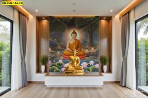 วอลเปเปอร์พระพุทธเจ้าลิขสิทธิ์สำหรับห้องพระ ตกแต่งผนังภายในบ้านสไตล์โมเดิร์นไทยพร้อมองค์พระและลายดอกบัวศิลปะไทยร่วมสมัย