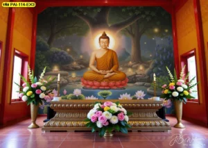 วอลเปเปอร์ภาพพระพุทธเจ้าลิขสิทธิ์ศิลปะไทย ตกแต่งผนังภายในศาลาและห้องพระด้วยองค์ประกอบลายไทยร่วมสมัย