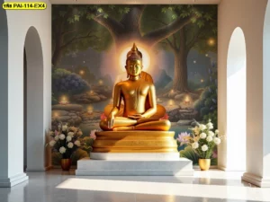 ภาพศิลปะไทยตกแต่งผนังห้องพระด้วยวอลเปเปอร์พระพุทธเจ้าโทนสีทอง เหมาะกับงานออกแบบภายในสไตล์ไทยร่วมสมัย