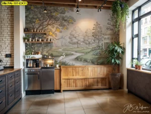 ภาพผนังสวนคลาสสิกหลังเคาน์เตอร์คาเฟ่ มีเครื่องชงกาแฟ ชั้นวางของ และผนังอิฐ สร้างจุดจำให้ร้านดูเด่น