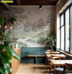 ภาพผนังสวนคลาสสิกในร้านคาเฟ่ไม้ มีเคาน์เตอร์สีเขียวเข้ม โต๊ะไม้ และหน้าต่างสูง ดูเป็นธรรมชาติ