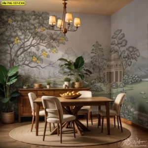 ภาพผนังสวนคลาสสิกในห้องรับประทานอาหาร มีโทนเขียวเทา ไม้ธรรมชาติ และแชนเดอเลียร์อบอุ่นอย่างลงตัว