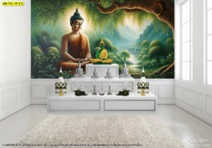 ภาพศิลปะไทยลายพระพุทธเจ้าใต้ต้นโพธิ์ในสวนธรรมชาติ เหมาะกับงานออกแบบห้องพระร่วมสมัย