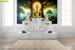 ภาพพิมพ์ลิขสิทธิ์ลายพระพุทธเจ้าใต้ต้นโพธิ์ โทนสีทองและธรรมชาติ สำหรับตกแต่งผนังห้องพระสไตล์ไทยร่วมสมัยภายในบ้านหรู