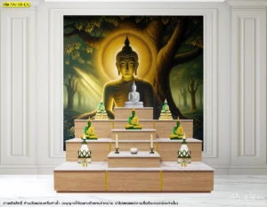 วอลเปเปอร์ลิขสิทธิ์พระพุทธเจ้าโทนเข้ม ภาพศิลปะไทยวิวป่าตกแต่งผนังห้องพระสไตล์โมเดิร์นโทนไม้ร่วมสมัย