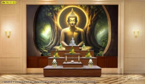 ภาพตกแต่งผนังห้องพระลายศิลปะไทย โทนเข้มผสมแสงสีทอง เหมาะกับงานออกแบบภายในห้องพระสไตล์หรู