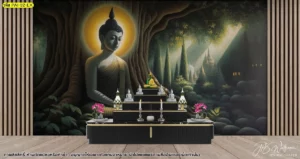 วอลเปเปอร์พระพุทธเจ้าตกแต่งห้องพระ ภาพวิวป่าโทนเข้มจับคู่แท่นพระสีดำในงานตกแต่งภายในร่วมสมัย