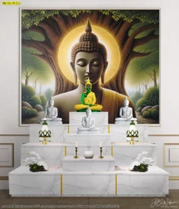 ภาพศิลปะพระพุทธเจ้าวิวป่าโทนสว่าง ตกแต่งห้องพระด้วยวอลเปเปอร์ลิขสิทธิ์สไตล์ไทยร่วมสมัย