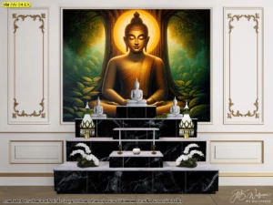 วอลเปเปอร์ลายไทยสำหรับห้องพระ โทนสีเข้มผสานแสงสีทอง เข้ากับแท่นพระหินสีดำสไตล์โมเดิร์น