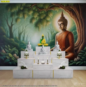 รูปติดผนังห้องพระลายศิลปะไทย โทนสีเขียวเข้มและวิวธรรมชาติ สำหรับงานตกแต่งภายในบ้านพักอาศัย