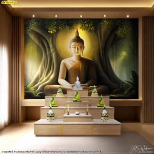 ภาพตกแต่งห้องพระลิขสิทธิ์พระพุทธเจ้าโทนเข้ม จัดองค์ประกอบร่วมกับผนังไม้และแสงไฟซ่อนฝ้า