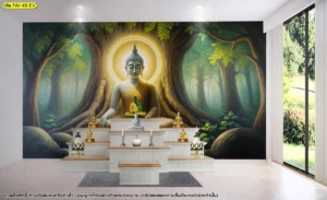 ภาพศิลปะไทยตกแต่งผนังห้องพระขนาดใหญ่ โทนธรรมชาติผสมแสงทอง สำหรับบ้านสไตล์โมเดิร์นมินิมอล