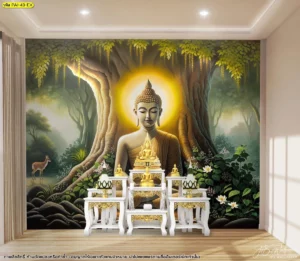 ภาพตกแต่งผนังห้องพระลายศิลปะไทย โทนธรรมชาติผสมแสงสีทอง เข้ากับงานออกแบบภายในห้องพระสไตล์ร่วมสมัย