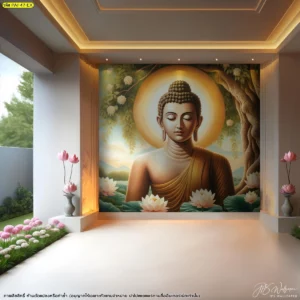 วอลเปเปอร์พระพุทธเจ้าฉากต้นโพธิ์ลิขสิทธิ์ลายเส้นพุทธศิลป์ร่วมสมัยโทนสีอบอุ่นเหมาะสำหรับผนังห้องพระภายในคอนโดมิเนียมยุคใหม่