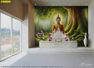 ภาพศิลปะตกแต่งผนังห้องพระขนาดใหญ่รูปพระพุทธเจ้าใต้ต้นโพธิ์พร้อมสัตว์ป่าในบรรยากาศธรรมชาติที่ดูสงบเงียบเพื่อสถานปฏิบัติธรรม
