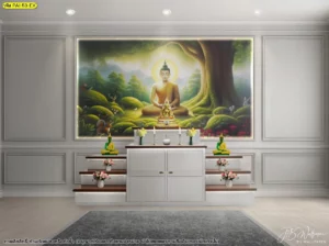 งานวอลเปเปอร์ลายไทยร่วมสมัยสำหรับสถานปฏิบัติธรรมลายพระพุทธเจ้าในป่าหิมพานต์เน้นความโปร่งสบายและเข้ากับเฟอร์นิเจอร์ไม้