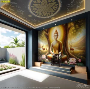 การตกแต่งห้องพระด้วยวอลเปเปอร์พระพุทธเจ้าฉากต้นโพธิ์ลิขสิทธิ์คู่กับงานฝ้าเพดานลายไทยสีทองช่วยเสริมความโอ่อ่าให้แก่สถานที่