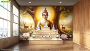 วอลเปเปอร์ภาพวาดต้นโพธิ์ทองสำหรับห้องสวดมนต์ที่เน้นความสว่างไสวของแสงรัศมีรอบองค์พระพุทธรูปช่วยสร้างจุดนำสายตาได้อย่างดี