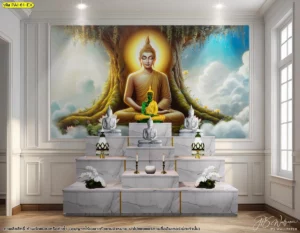 ภาพพุทธศิลป์ดีไซน์ลิขสิทธิ์รูปพระพุทธเจ้าบนปุยเมฆเหมาะสำหรับงานสถาปัตยกรรมภายในวัดที่ต้องการความรู้สึกนุ่มนวลเบาสบายจิตใจ