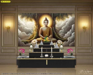 วอลเปเปอร์พระพุทธเจ้าฉากต้นโพธิ์ลิขสิทธิ์พื้นหลังลายเมฆสีทองประณีตสำหรับติดตั้งในห้องพระที่ตกแต่งด้วยผนังไม้คลาสสิกหรูหรา
