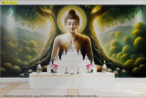 ภาพพุทธศิลป์ดีไซน์ลิขสิทธิ์รูปพระพุทธเจ้าฉากต้นโพธิ์ที่เน้นความประณีตของลายเส้นสีทองช่วยยกระดับความสวยงามให้แก่สถานที่ประกอบพิธีกรรมทางศาสนา