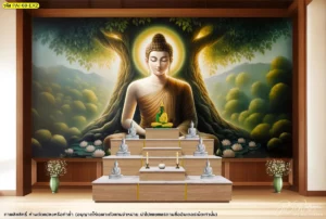 งานพิมพ์วอลเปเปอร์ภาพพระพุทธเจ้าฉากต้นโพธิ์ลิขสิทธิ์คุณภาพสูงที่ออกแบบมาให้เหมาะสมกับการตกแต่งผนังห้องสวดมนต์ขนาดใหญ่ในโครงการอาคารที่เน้นความหรูหรา