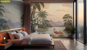 ดีไซน์ห้องนอนในคอนโดที่เลือกใช้ผนังลวดลายธรรมชาติโทนสีอบอุ่น พร้อมรูปนกสีชมพูริมน้ำ สร้างความรู้สึกสงบเหมาะแก่การพักผ่อน