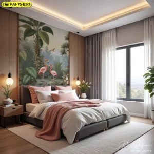 การออกแบบภายในห้องนอนที่ประดับผนังด้วยลายเส้นพรรณไม้เขตร้อนและสัตว์ปีกสีสันสดใส ช่วยเพิ่มความมีชีวิตชีวาให้กับพื้นที่ส่วนตัว