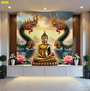 ตกแต่งแผนพุทธศิลป์ภาพพุทธปฏิมาและองค์เทพนาคาสง่างามบนชั้นวางของสีขาวสะอาดตาในห้องสักการะร่วมสมัยแนวมินิมอล