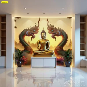 แนวทางออกแบบห้องพระโทนสีทองอบอุ่นพร้อมตู้โชว์บิลต์อินสองฝั่งและการจัดวางกระถางต้นไม้มงคลอย่างสมดุลย์สวยงาม