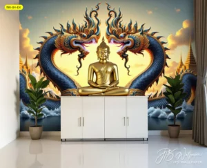 การจัดวางตู้คอนโซลเก็บของสีขาวเพียบพร้อมฉากหลังจิตรกรรมเกลียวคลื่นมหาสมุทรและพระธาตุเจดีย์สีทองอร่ามตาพรีเมียม