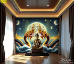 ห้องพระสุดหรูหราตกแต่งฝ้าเพดานหลุมซ่อนไฟวอร์มไลท์พร้อมภาพฉากหลังดวงจันทร์โตเต็มดวงท่ามกลางเมฆและดาวระยิบระยับ