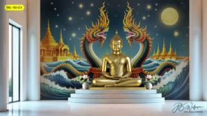 แนวคิดตกแต่งห้องโถงประธานขนาดใหญ่ด้วยงานพุทธศิลป์ภาพพญานาคแหวกว่ายในกระแสน้ำและมีพระมหาเจดีย์เป็นฉากประกอบสวยงาม