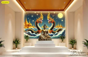 วอลเปเปอร์ติดผนังลายไทย 3D รูปพระพุทธรูปปางมารวิชัยประทับเหนือคลื่น โดยมีพญานาคคู่สีทองอยู่ด้านหลัง พร้อมฉากหลังพระบรมมหาราชวังและดวงจันทร์เต็มดวง