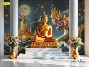 องค์พระสีทองบนแท่นขาว ฉากพญานาค คลื่นน้ำ วัดไทย และพระจันทร์ เหมาะกับผนังห้องพระโทนสงบหรู เหมาะสำหรับใช้ประกอบบทความตกแต่งภายในแนวศิลปะไทย