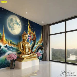 มุมห้องพระกระจกกว้าง องค์พระสีทองหน้าแผงภาพพญานาค คลื่นน้ำ และพระจันทร์ ให้บรรยากาศสงบ เหมาะสำหรับใช้ประกอบบทความตกแต่งภายในแนวศิลปะไทย