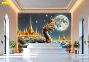 ภาพจำลองผนังโถงสีขาว ตกแต่งด้วยพญานาคกลางคลื่นน้ำ แสงจันทร์ และวัดสีทองแบบไทยร่วมสมัย เหมาะสำหรับใช้ประกอบบทความตกแต่งภายในแนวศิลปะไทย