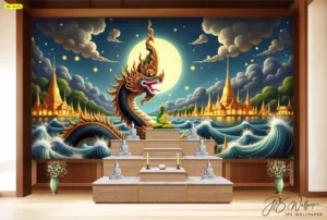 ห้องพระงานไม้พร้อมแท่นบูชาหลายระดับ ฉากพญานาค คลื่นน้ำ วัดริมฝั่ง และแสงจันทร์เต็มดวง เหมาะสำหรับใช้ประกอบบทความตกแต่งภายในแนวศิลปะไทย