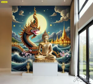 ห้องพระติดกระจกสูง มีองค์พระสีทองด้านหน้า ฉากพญานาค วัดไทย คลื่นน้ำ และพระจันทร์โทนลึก เหมาะสำหรับใช้ประกอบบทความตกแต่งภายในแนวศิลปะไทย